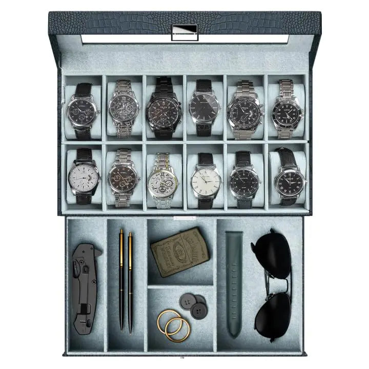 ProCase Watch Box for Men 12 Slot Mens Watch Case With Drawer Watch Display Case With Glass Lid 2-Layer Watch Holder Organizer Jewelry and Watch Storage for Men Women -12Slot MidnightGreen